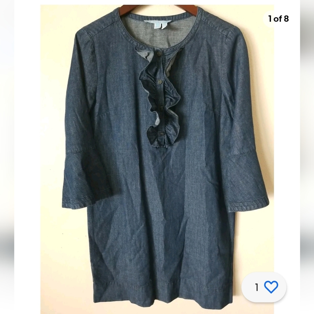 DRAPER JAMES Women's Chambray Denim Blue Ruffle Neck Shift Style Dress Size‎ 4